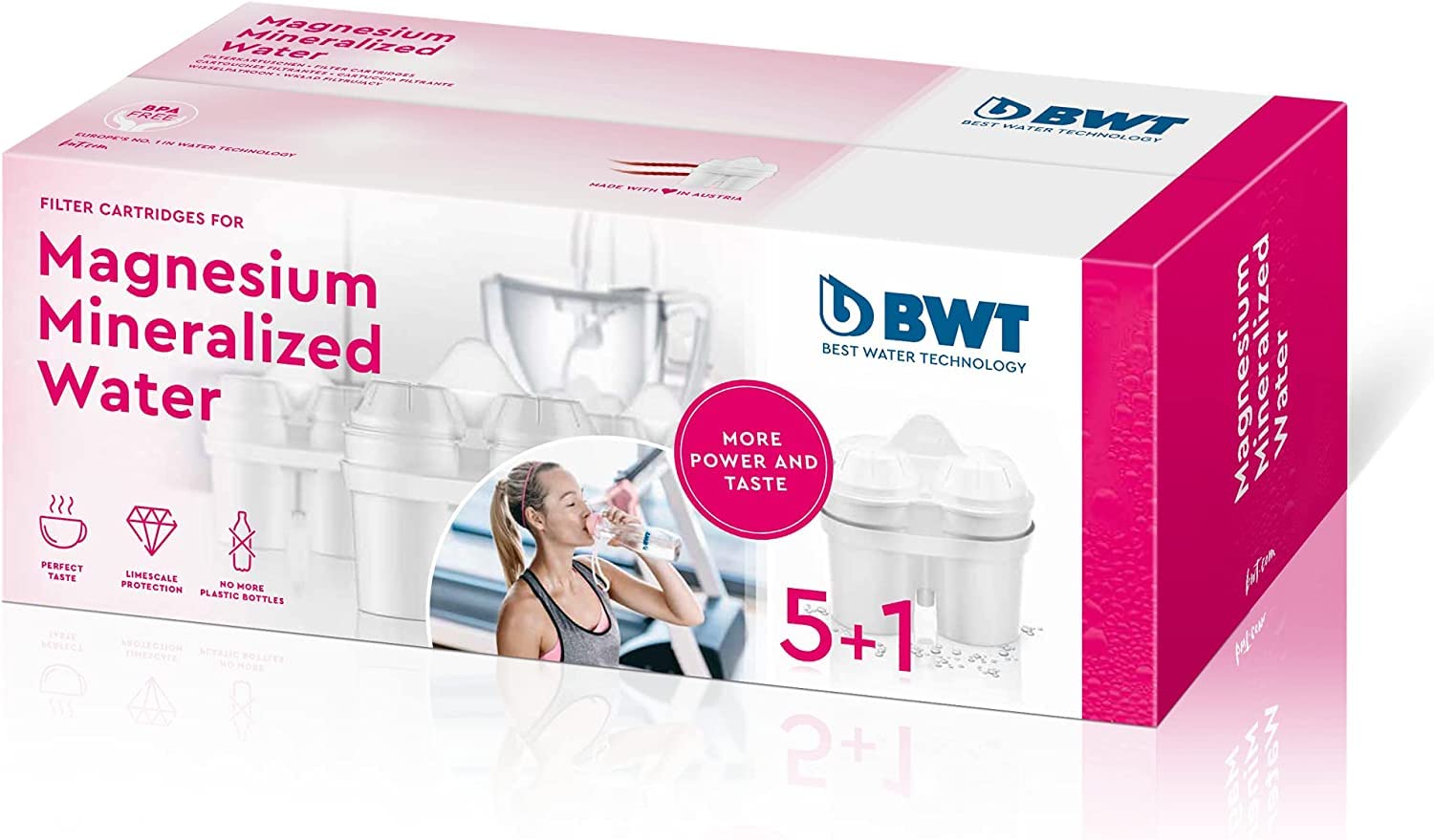 BWT magnesium mineralized water filter jug, front view, compact for fridge storage