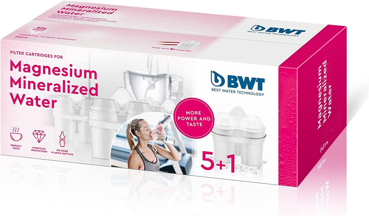 BWT magnesium mineralized water filter jug, front view, compact for fridge storage
