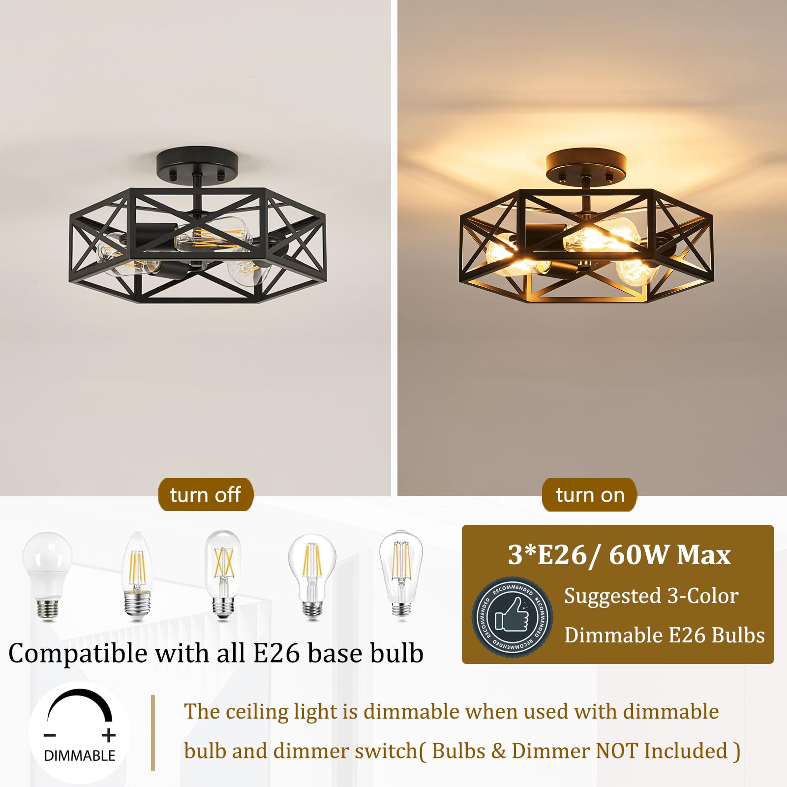 Bwxcie E26 base supports LED, CFL, or incandescent bulbs.
