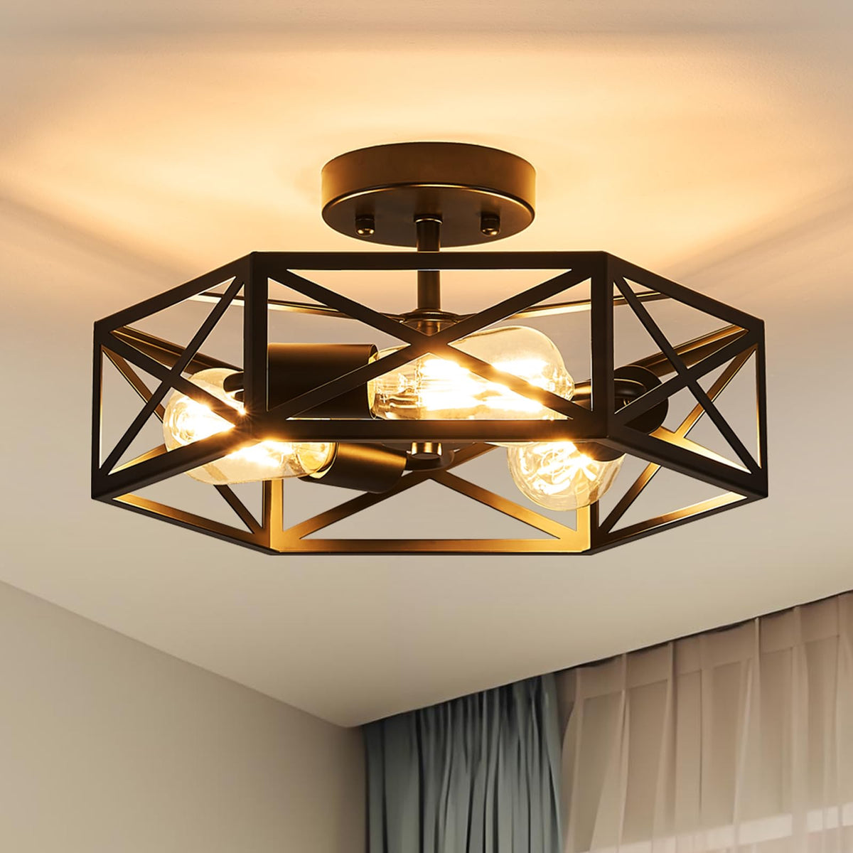 Bwxcie modern farmhouse hexagonal frame ceiling light casts elegant ceiling patterns.