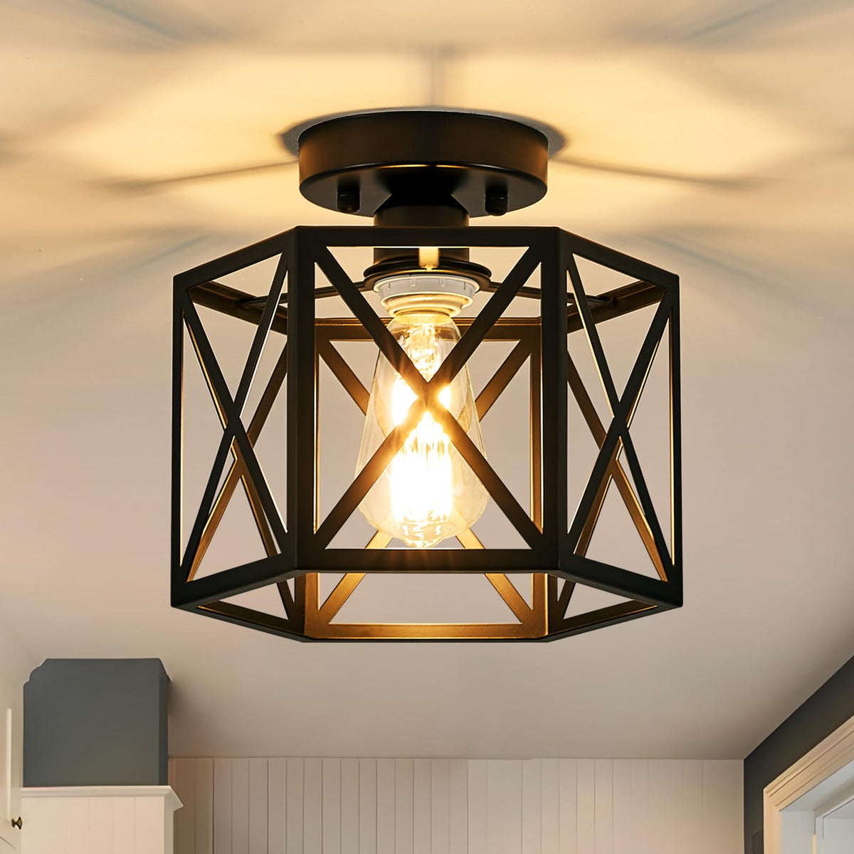 Bwxcie hexagonal modern farmhouse ceiling light in black for stylish hallway ambiance