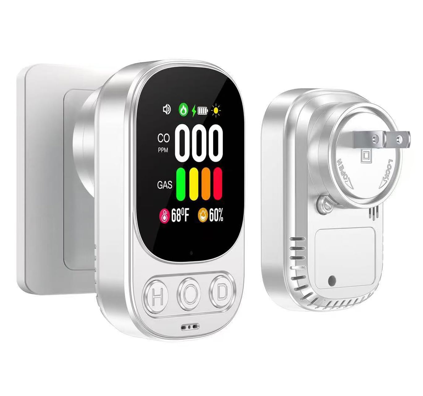 ByAnciel 4-in-1 CO detector front view with real-time readings for gas and temperature