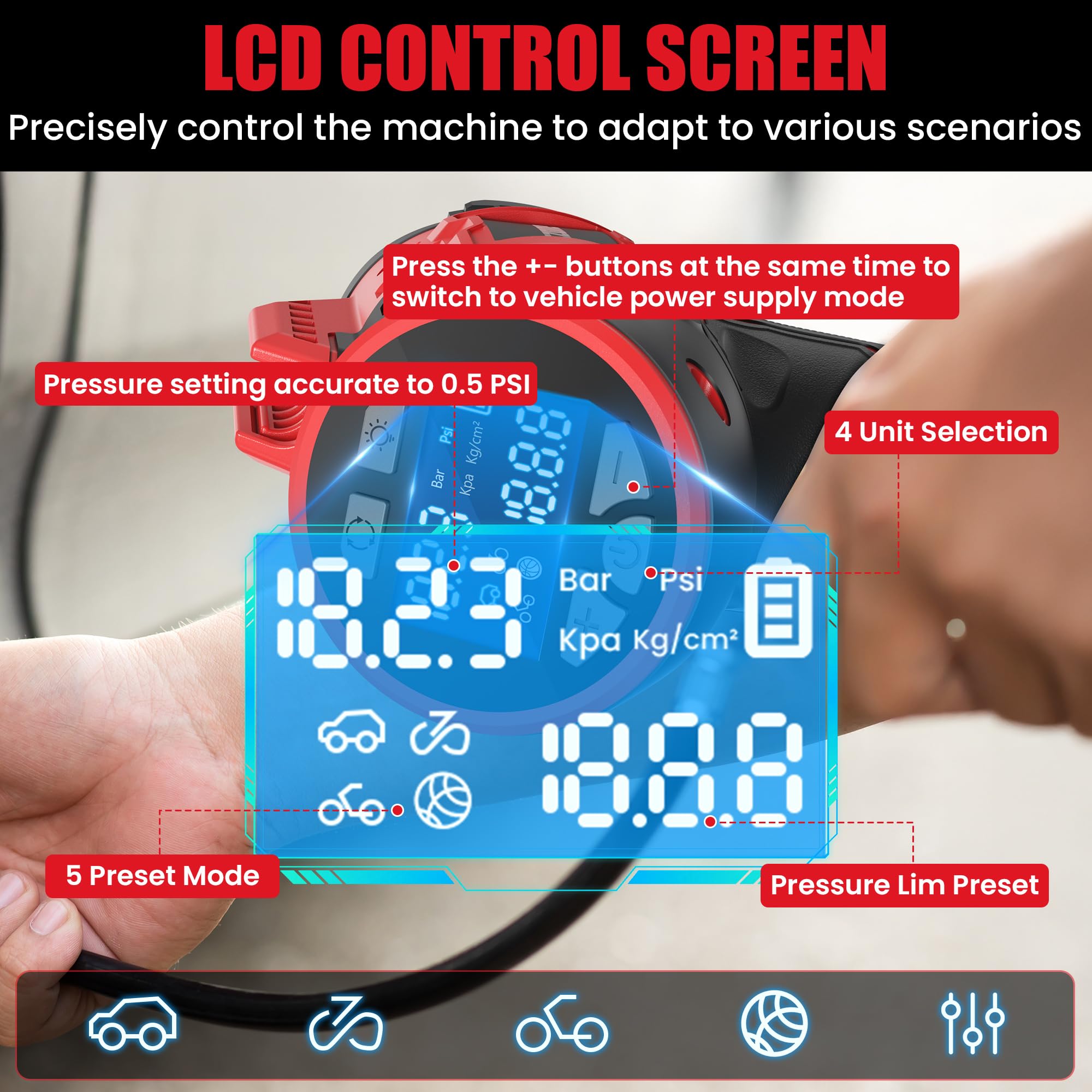 Byczone air compressor provides four-unit pressure display and preset modes.