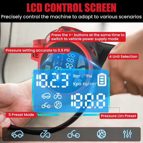 Byczone air compressor provides four-unit pressure display and preset modes.