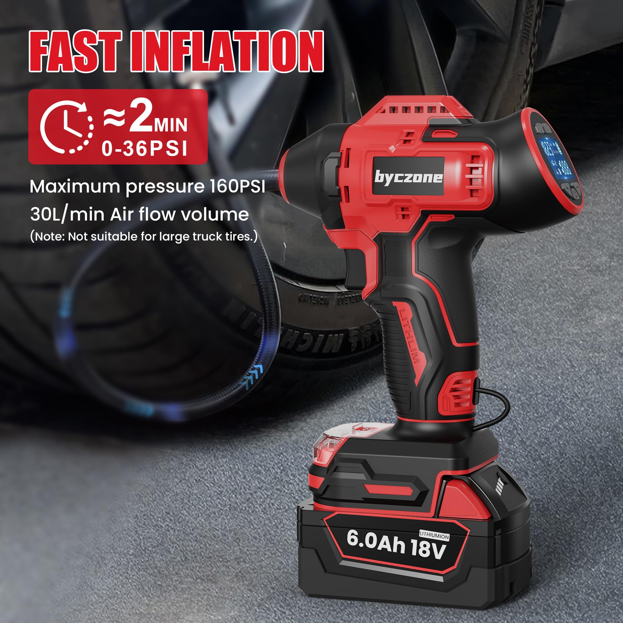 Byczone air compressor features weather-resistant nylon body for outdoor reliability.