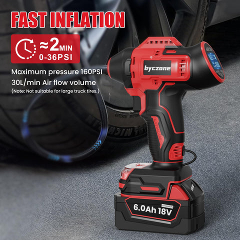 Byczone air compressor features weather-resistant nylon body for outdoor reliability.