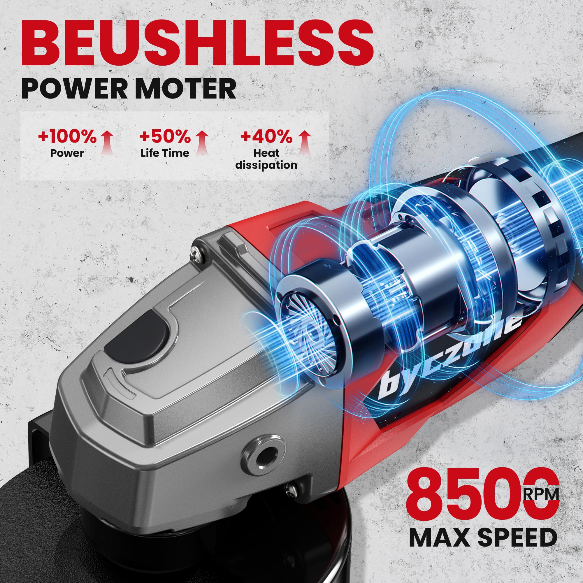 Byczone brushless motor angle grinder delivering up to 8500 RPM for efficient cutting.
