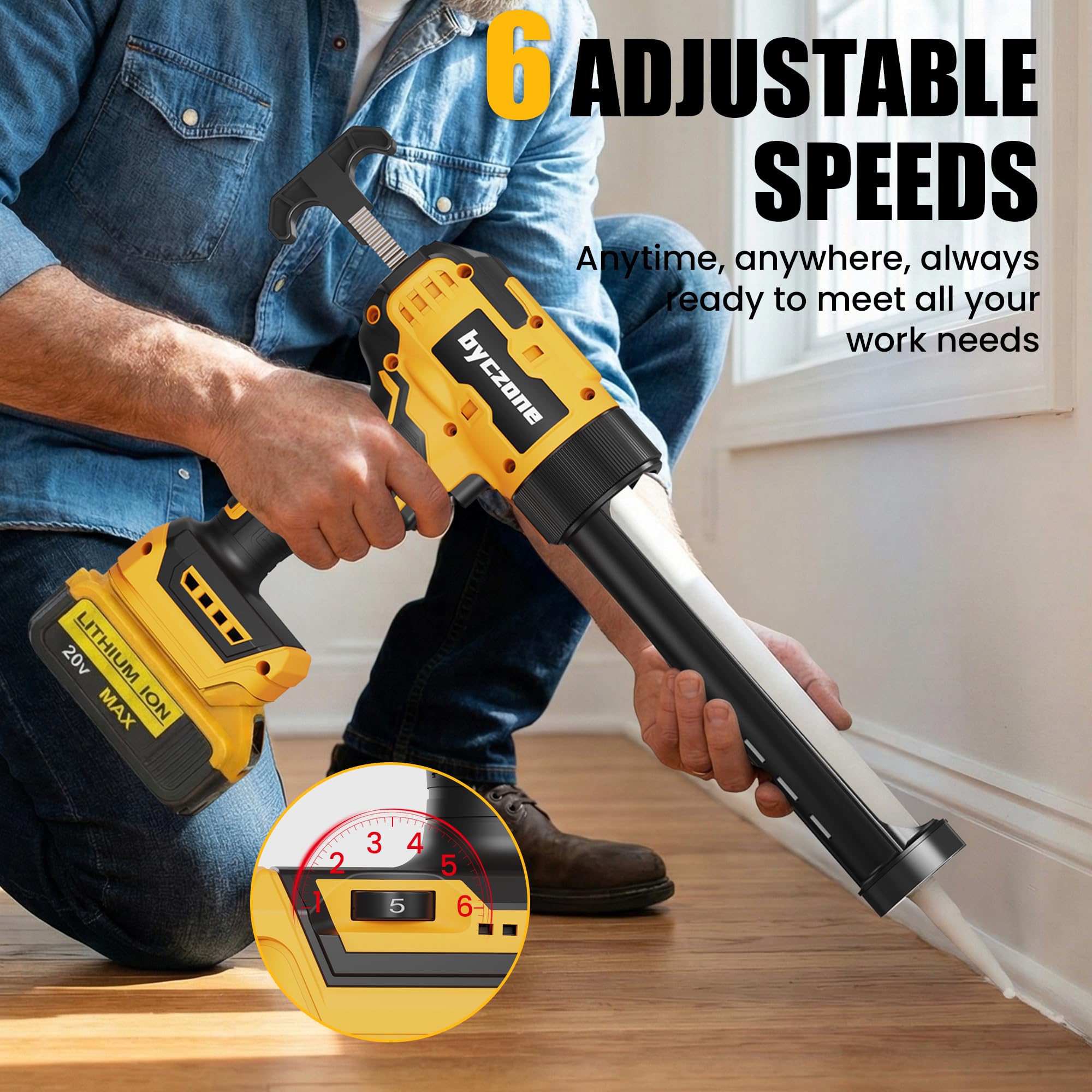 byczone caulk gun showing compatibility with Dewalt 20V Max battery