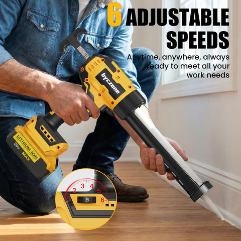 byczone caulk gun showing compatibility with Dewalt 20V Max battery