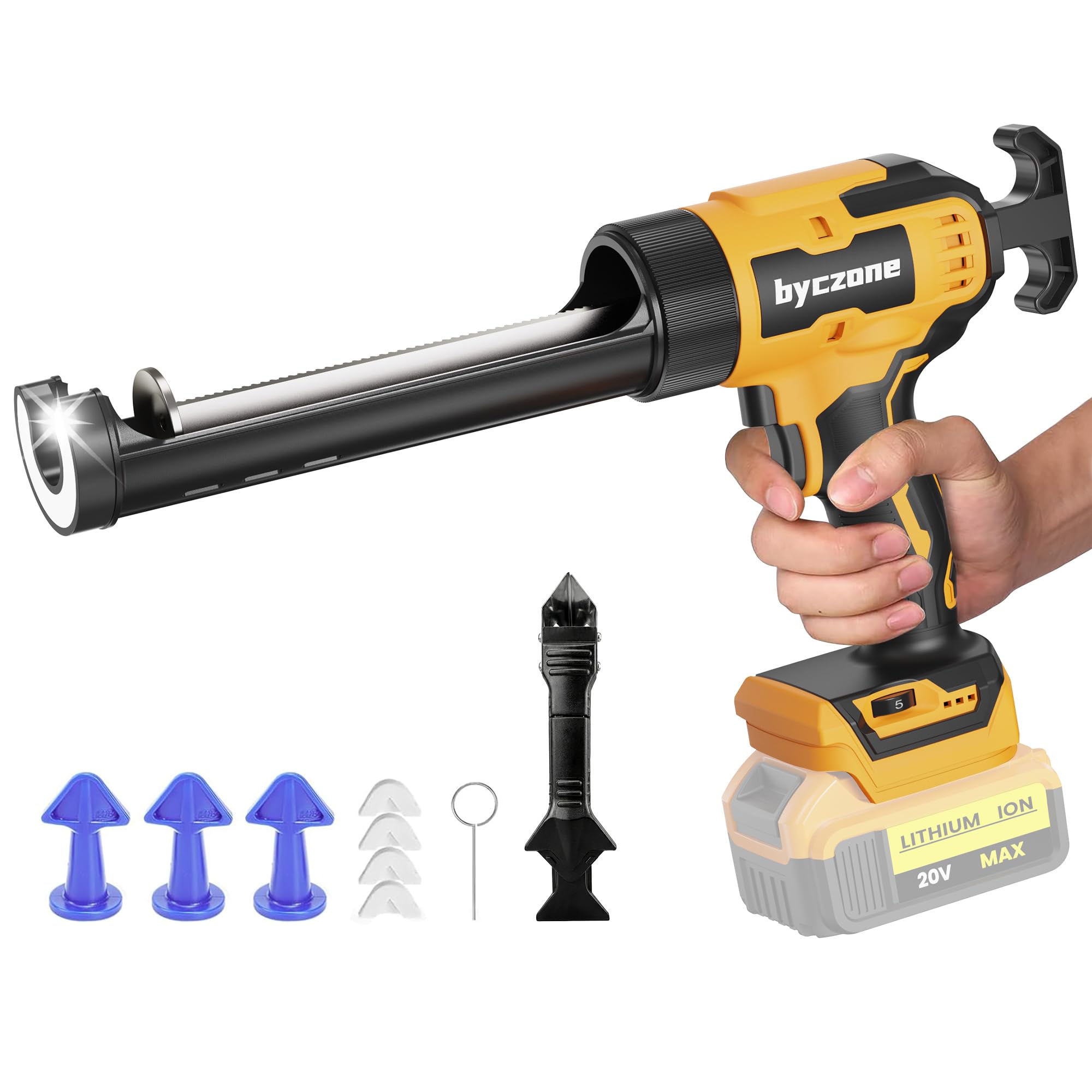 byczone caulk gun with LED light highlights precise sealing in dim corners
