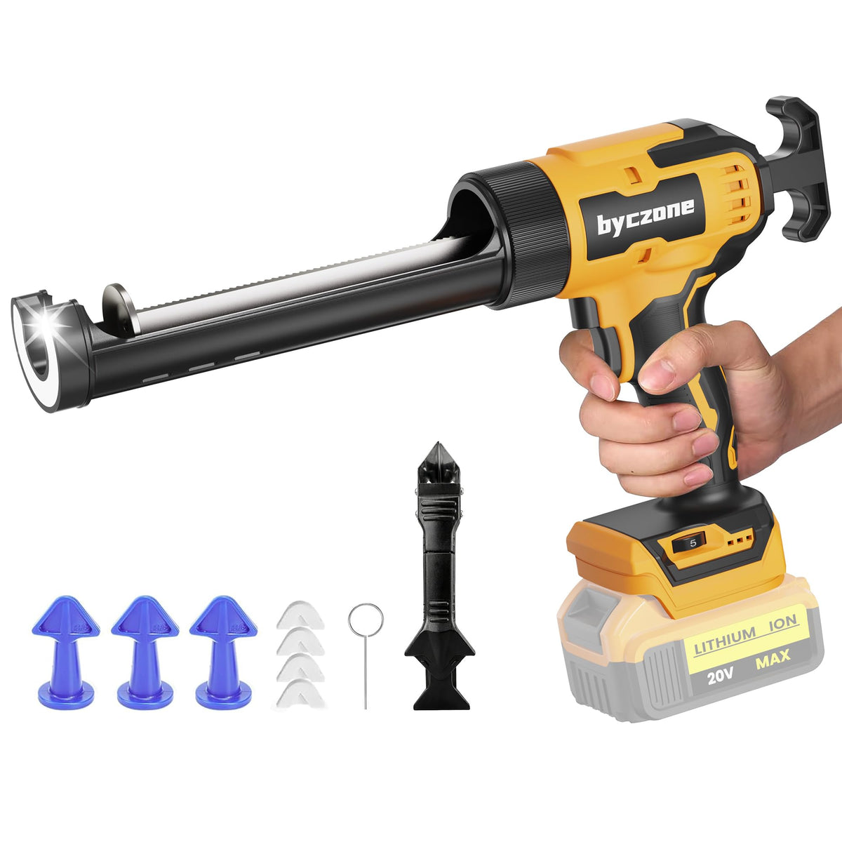 byczone caulk gun with LED light highlights precise sealing in dim corners