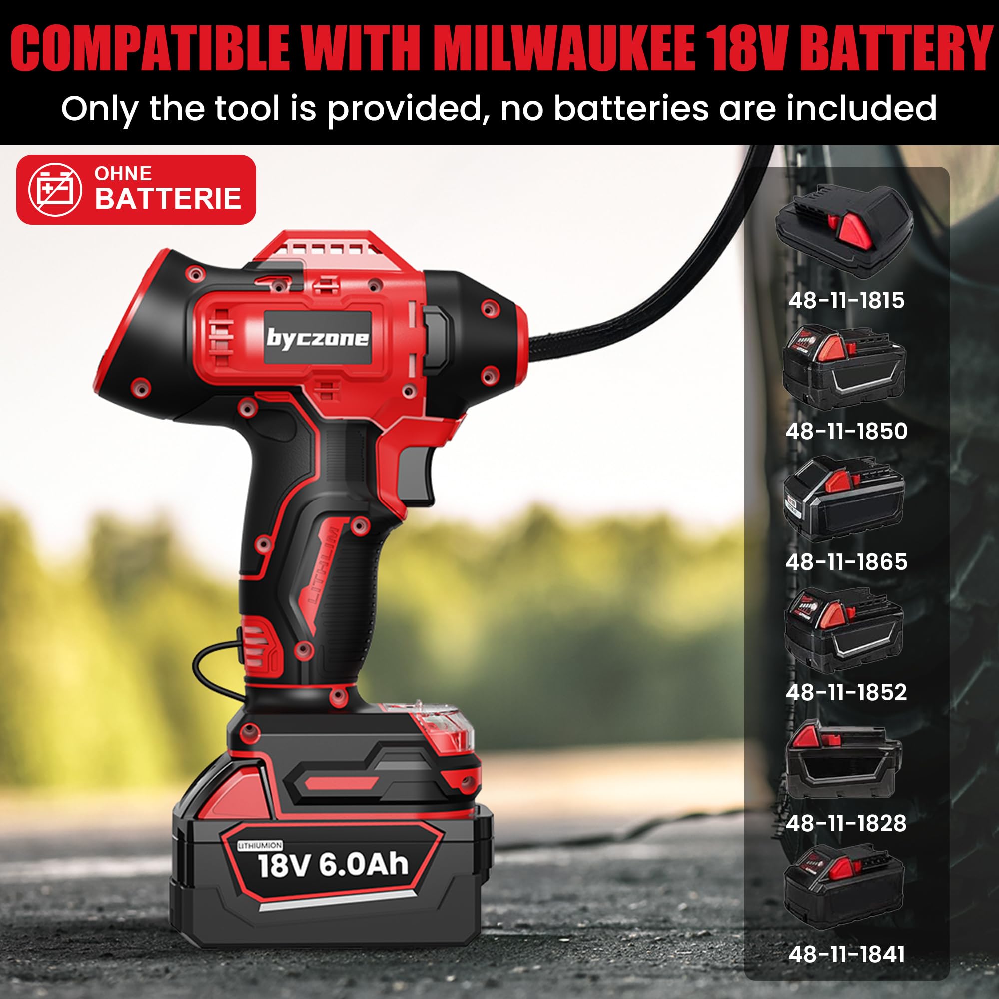 Byczone inflator powered by Milwaukee battery for versatile on-site inflation.