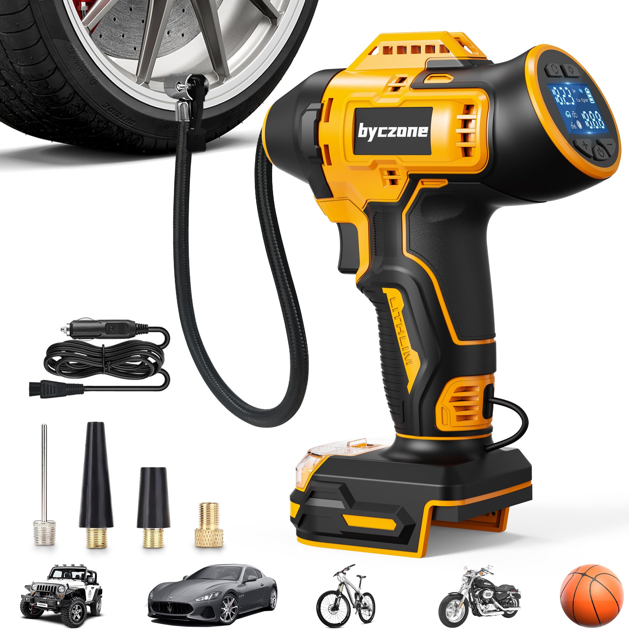Byczone tire inflator demonstrates Dewalt 20V compatibility for cordless inflation