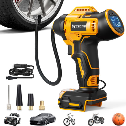 Byczone tire inflator demonstrates Dewalt 20V compatibility for cordless inflation