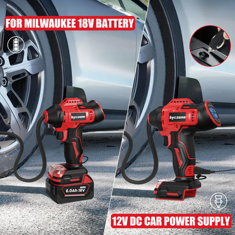 Byczone tire inflator flashlight aids nighttime emergency inflation.