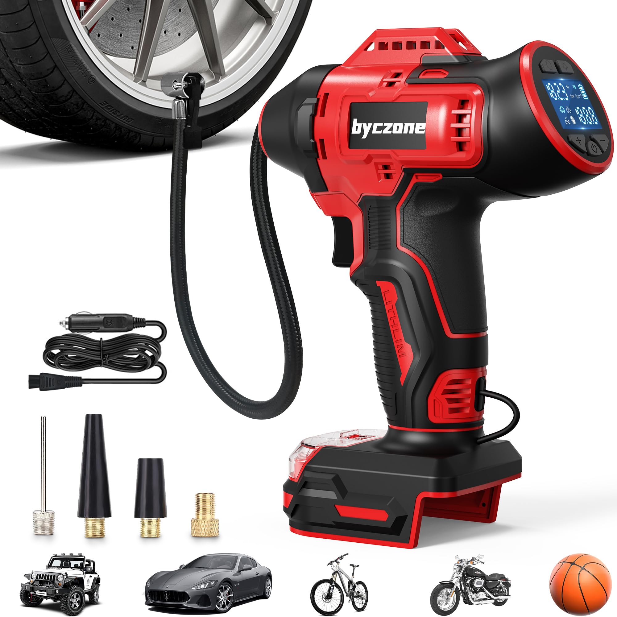 Byczone Tire Inflator with LCD display shows precise PSI for safe inflation.