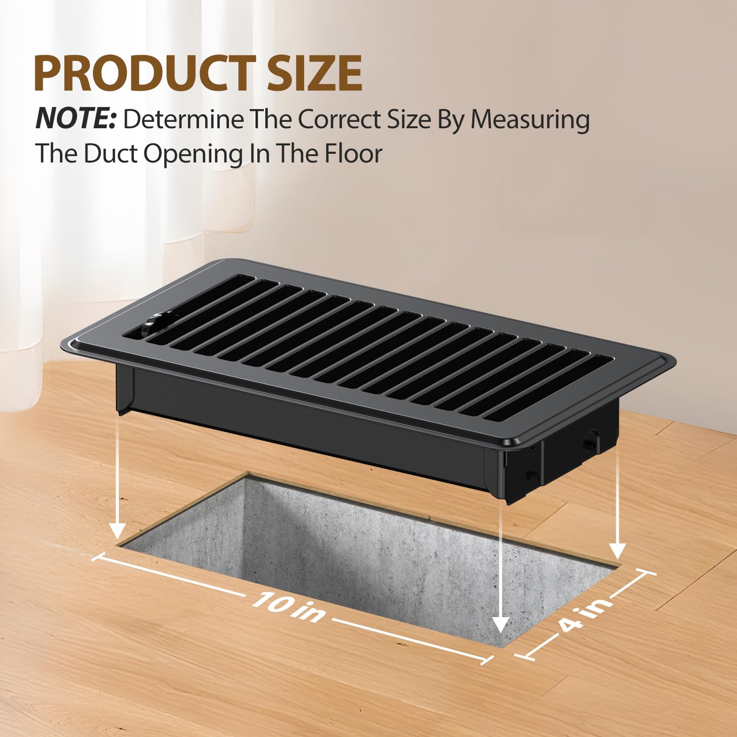 BYEWIRE 4x10 floor-register damper closeup demonstrates easy adjustable airflow control.