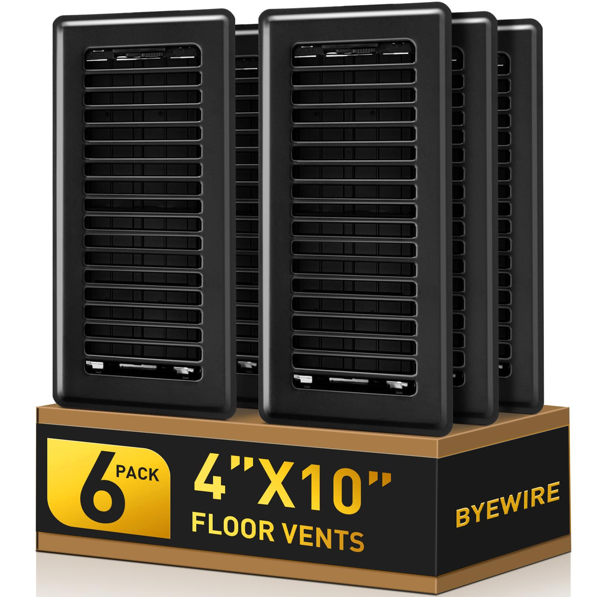 BYEWIRE floor register 4x10, front view in black, durable steel for long-lasting airflow.