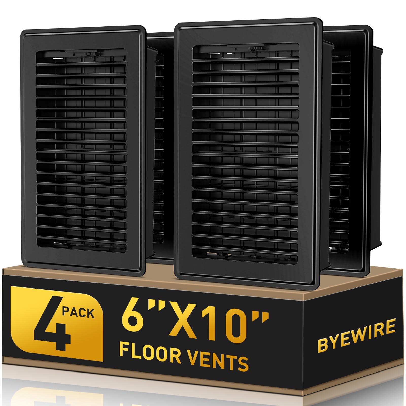 BYEWIRE floor register 6x10 front view showcasing sturdy steel construction and sleek black finish.
