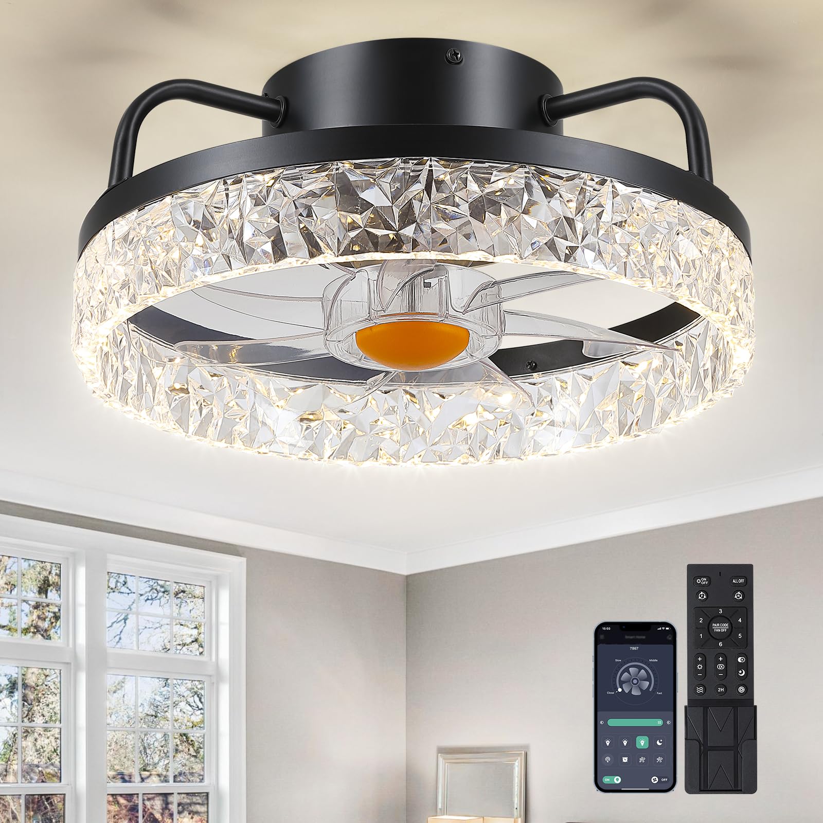 BYKISTOK 13-inch ceiling fan with light in a compact room, showcasing space-saving design and style