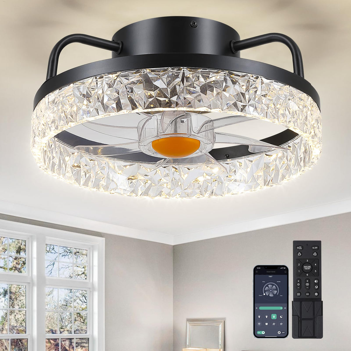 BYKISTOK 13-inch ceiling fan with light in a compact room, showcasing space-saving design and style