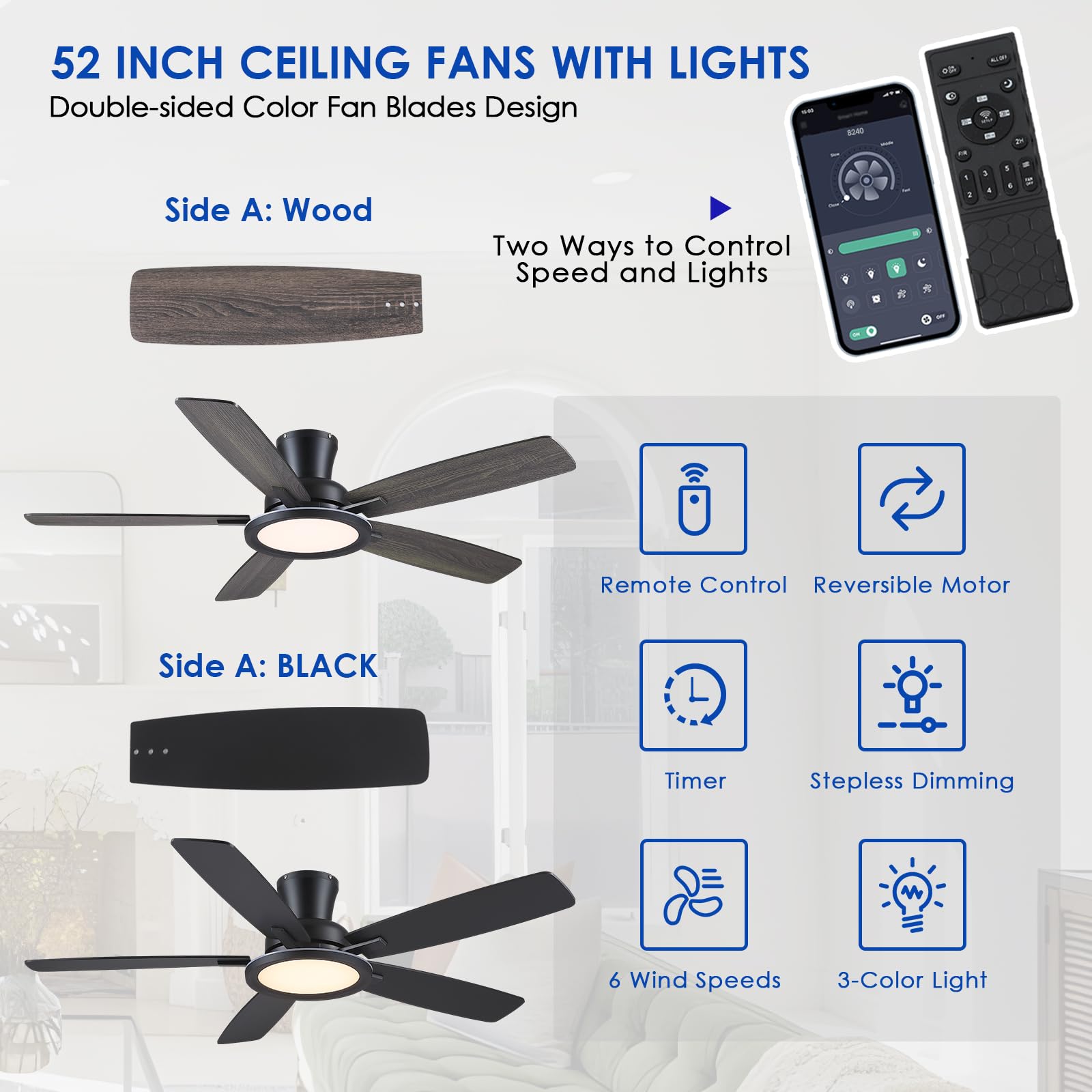 BYKISTOK low-profile ceiling fan design blending into ceilings.