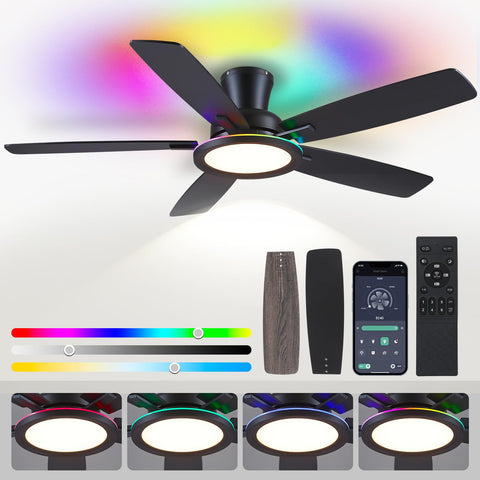 BYKISTOK 52-inch flush mount fan front view with RGB light for modern interiors.
