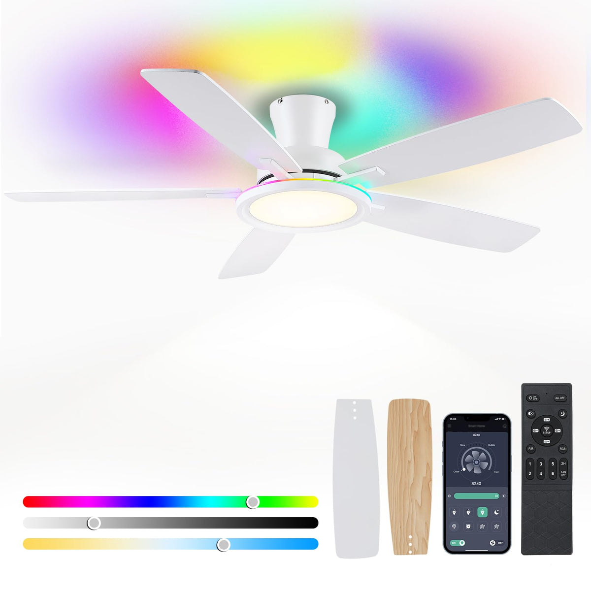 BYKISTOK flush mount 52in ceiling fan with white finish for large rooms