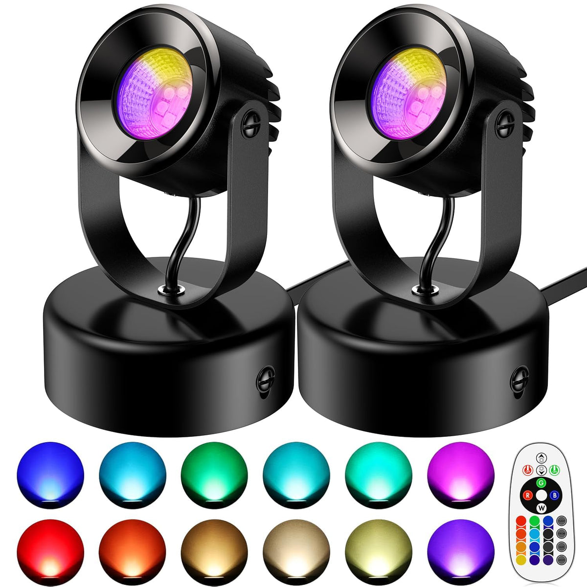 BYQY 7W RGBW spot light front view shows vibrant colors for ambience