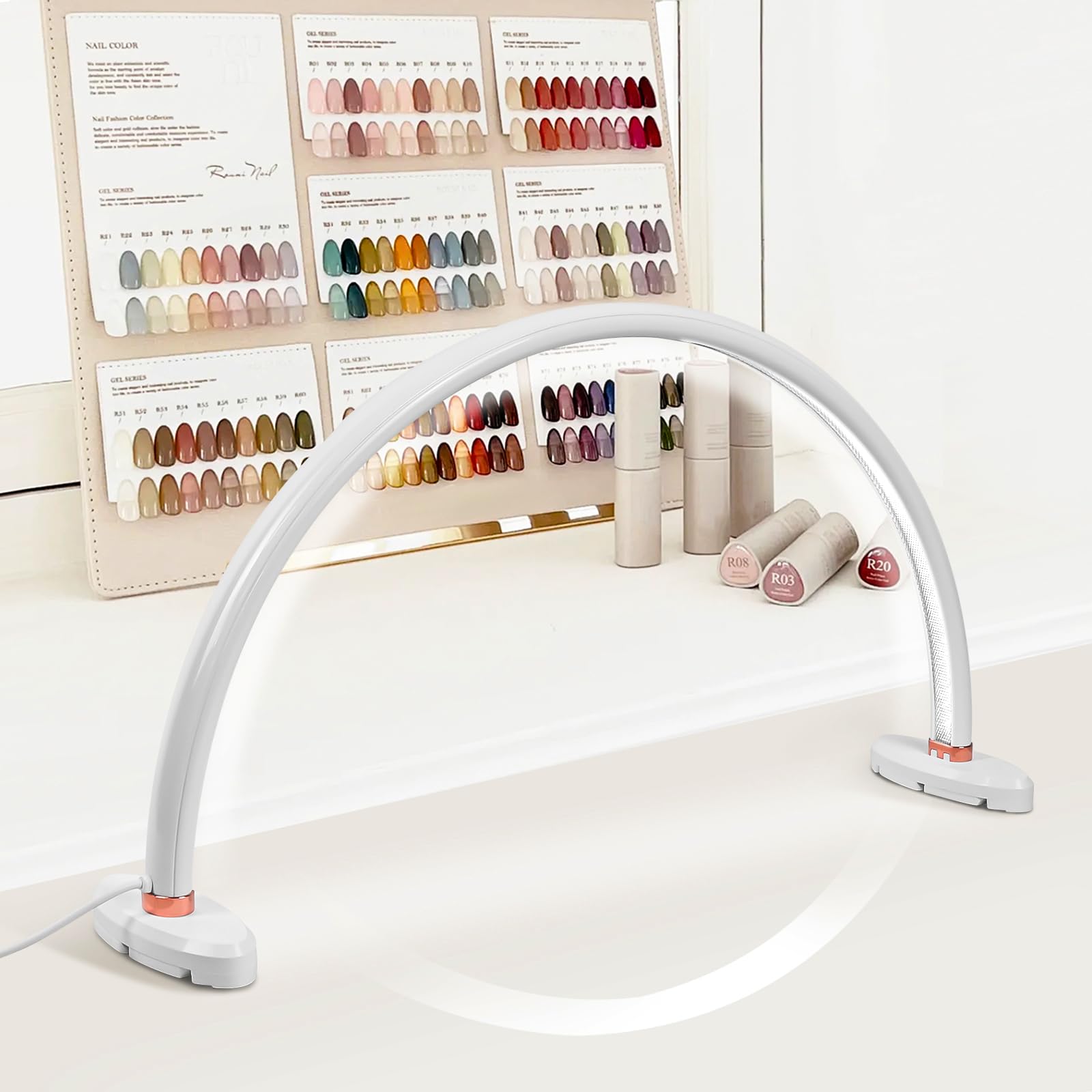 BZJ 16-Inch Half Moon Nail Light on desk provides spacious workspace for precise nail art