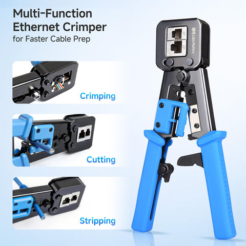 Built-in cutter and stripper on the Cable Matters tool speeds cable prep