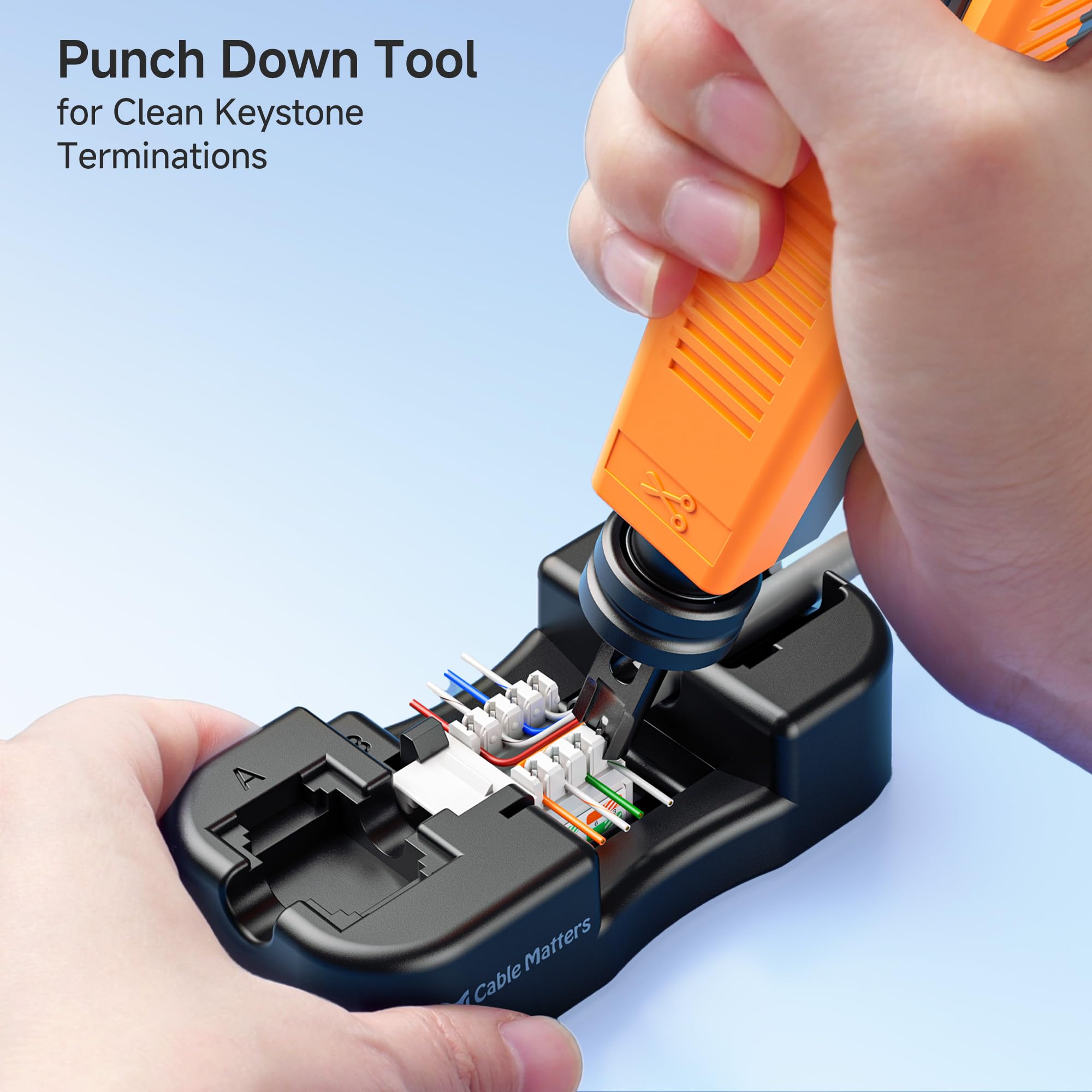 Cable Matters network cable tester verifying pin connections and shield integrity.