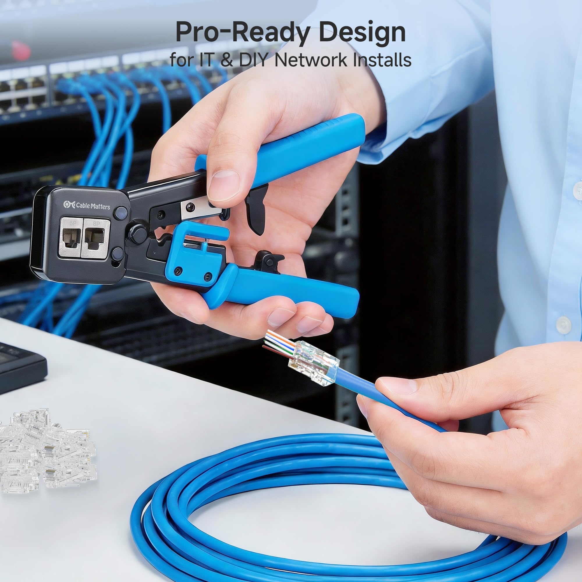 Compatible with pass-through Cat5e, Cat5, and Cat6 connectors from Cable Matters