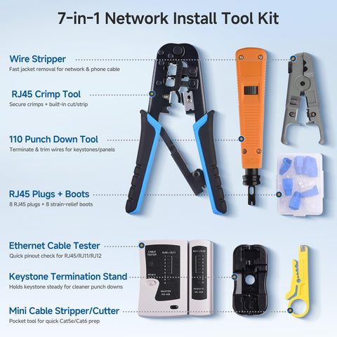 Cable Matters RJ45 crimping tool with built-in cutter and stripper for clean terminations.