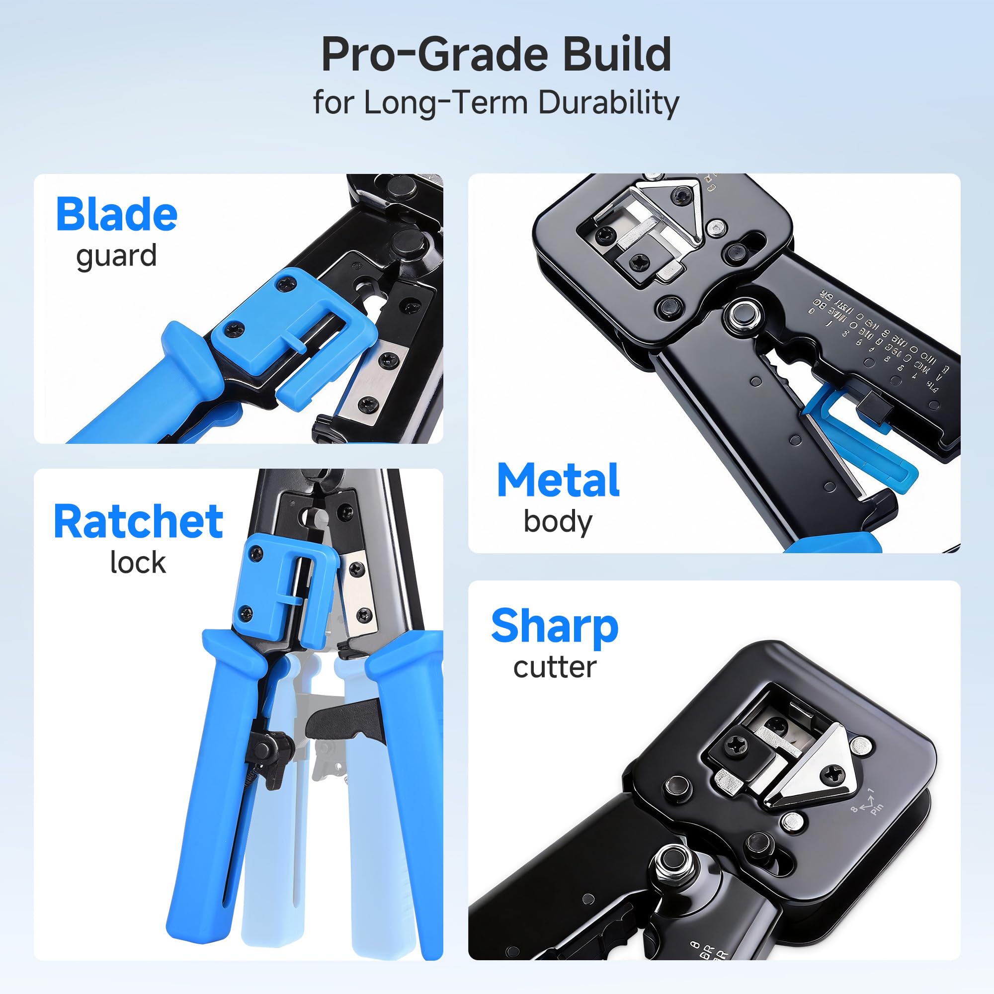 Soft grip handle reduces hand fatigue during longer terminations
