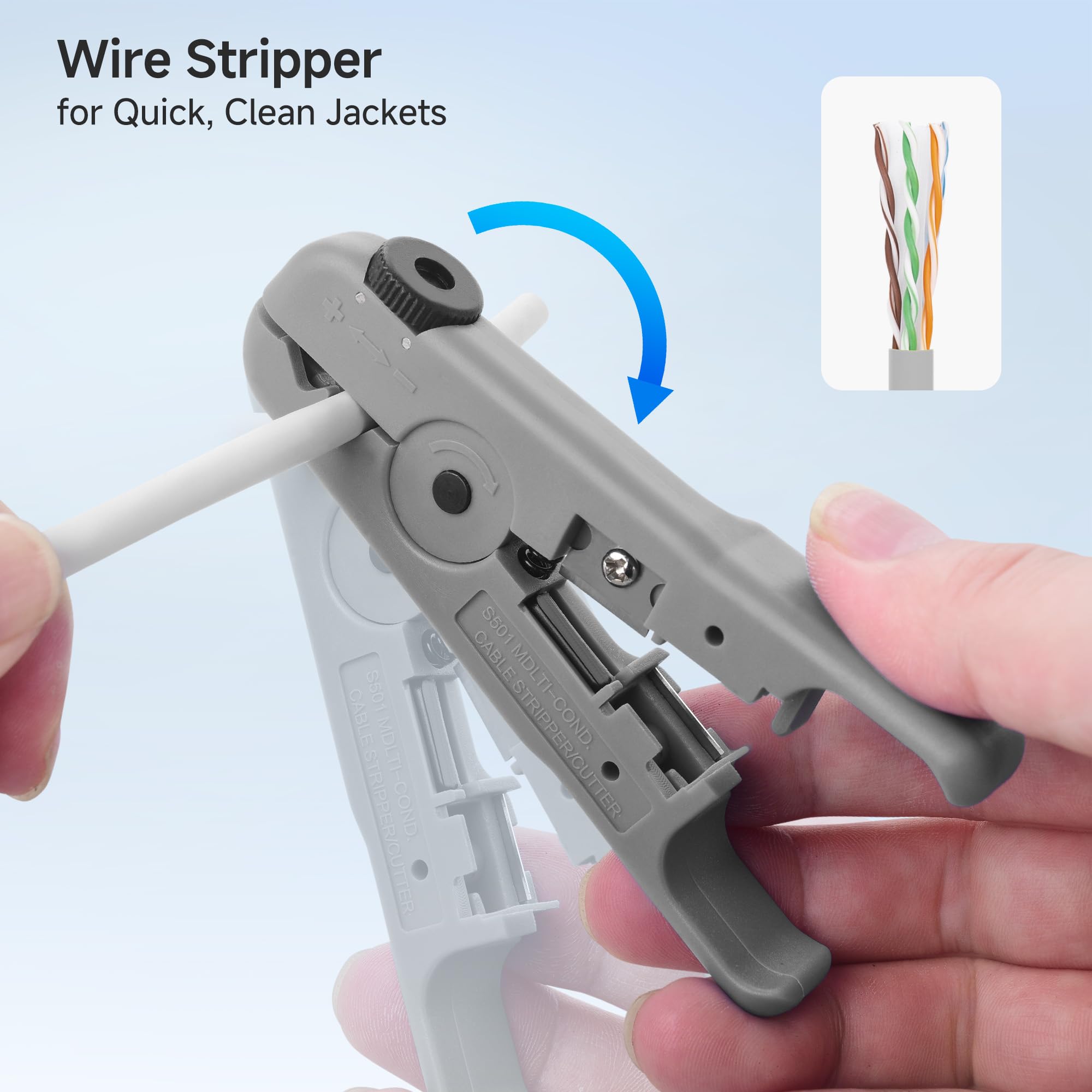 Cable Matters wire strippers with Cat6 ends for flexible cable builds.