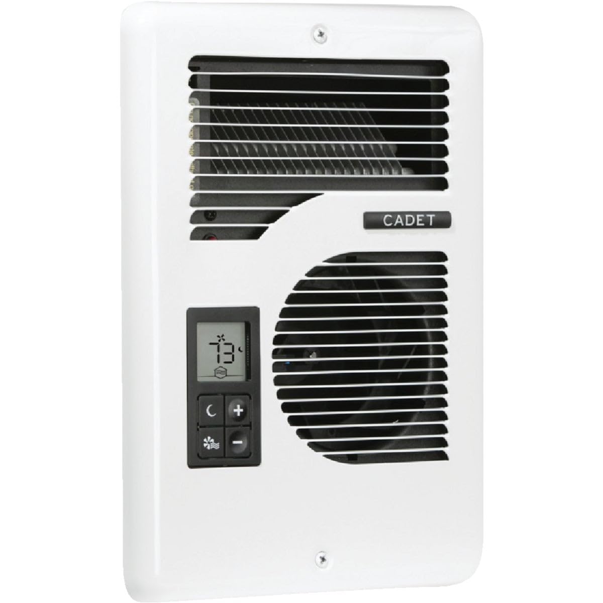 Cadet Energy Plus wall heater with digital thermostat display warming a living room efficiently.