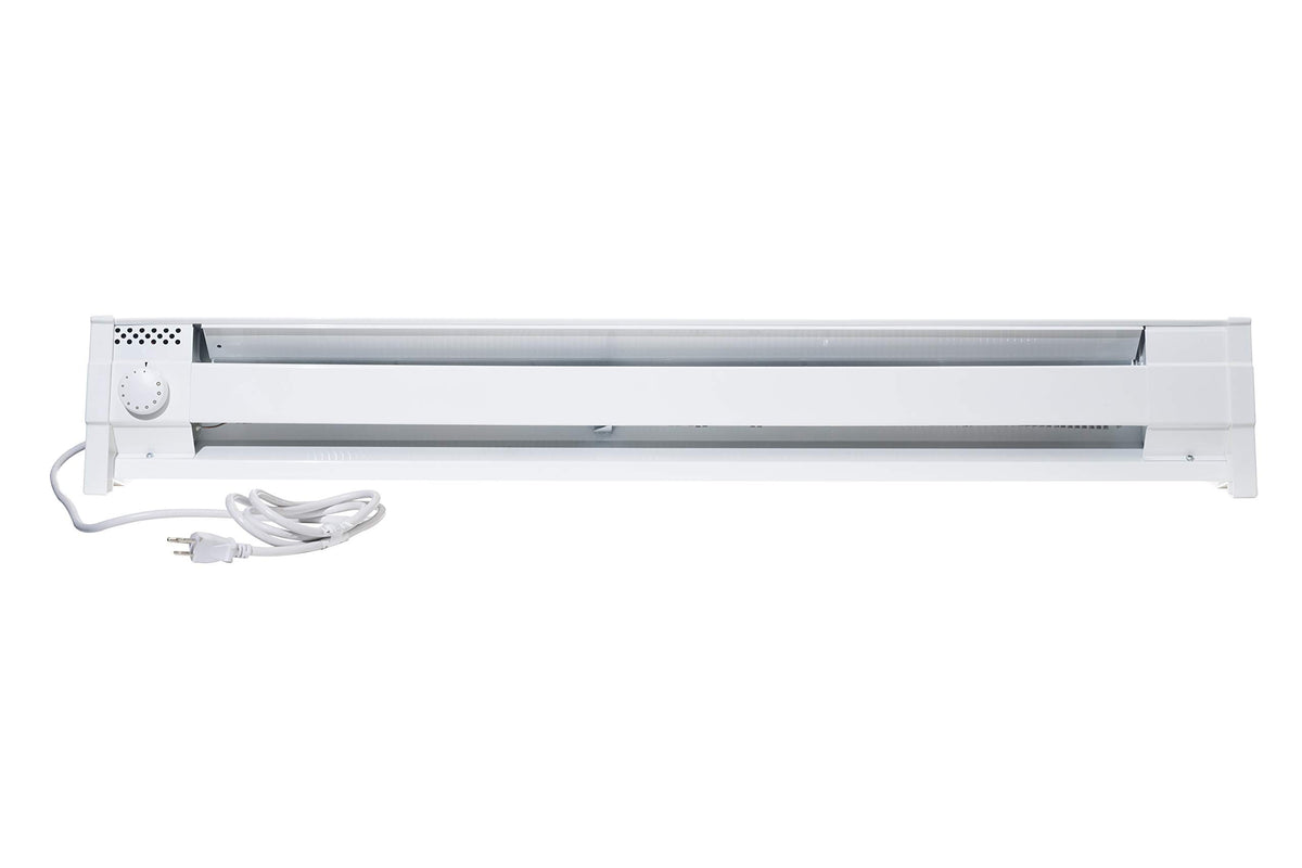 Cadet F Series 49-inch portable baseboard heater front view showing long profile and white finish