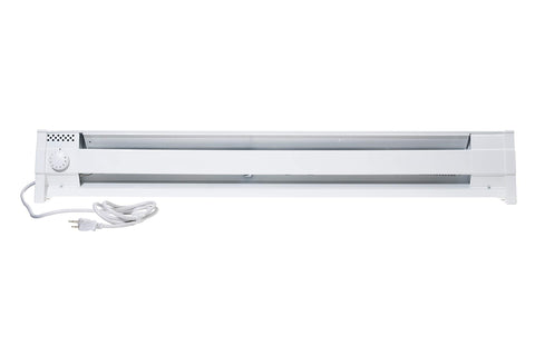 Cadet F Series 49-inch portable baseboard heater front view showing long profile and white finish