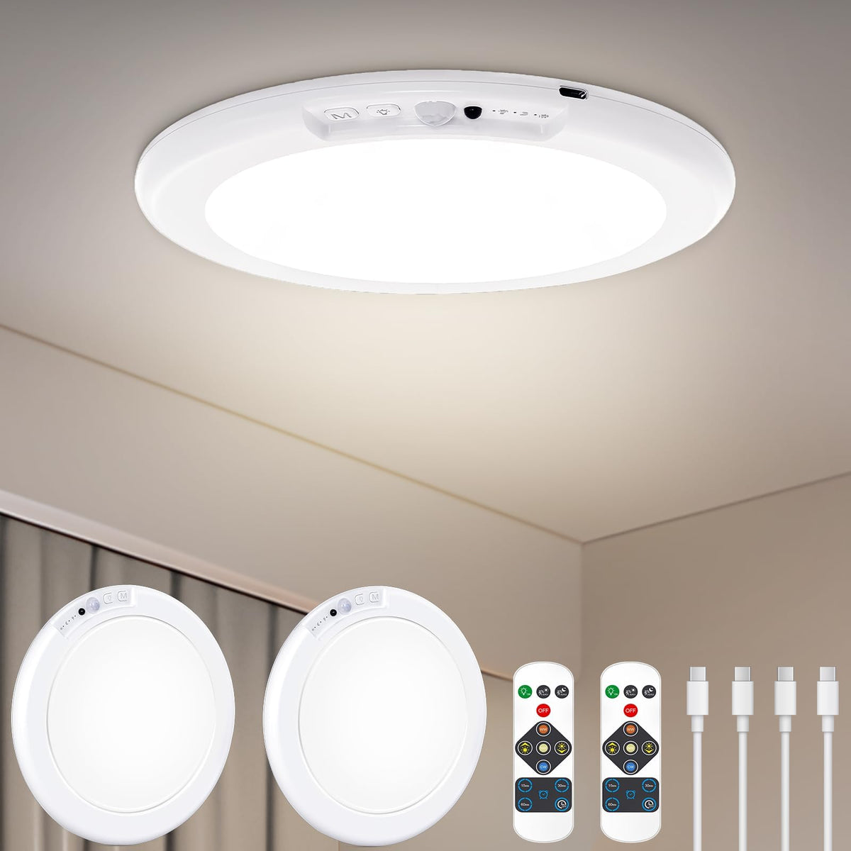 Cadrim 2-pack ceiling light with remote for convenient wireless operation.