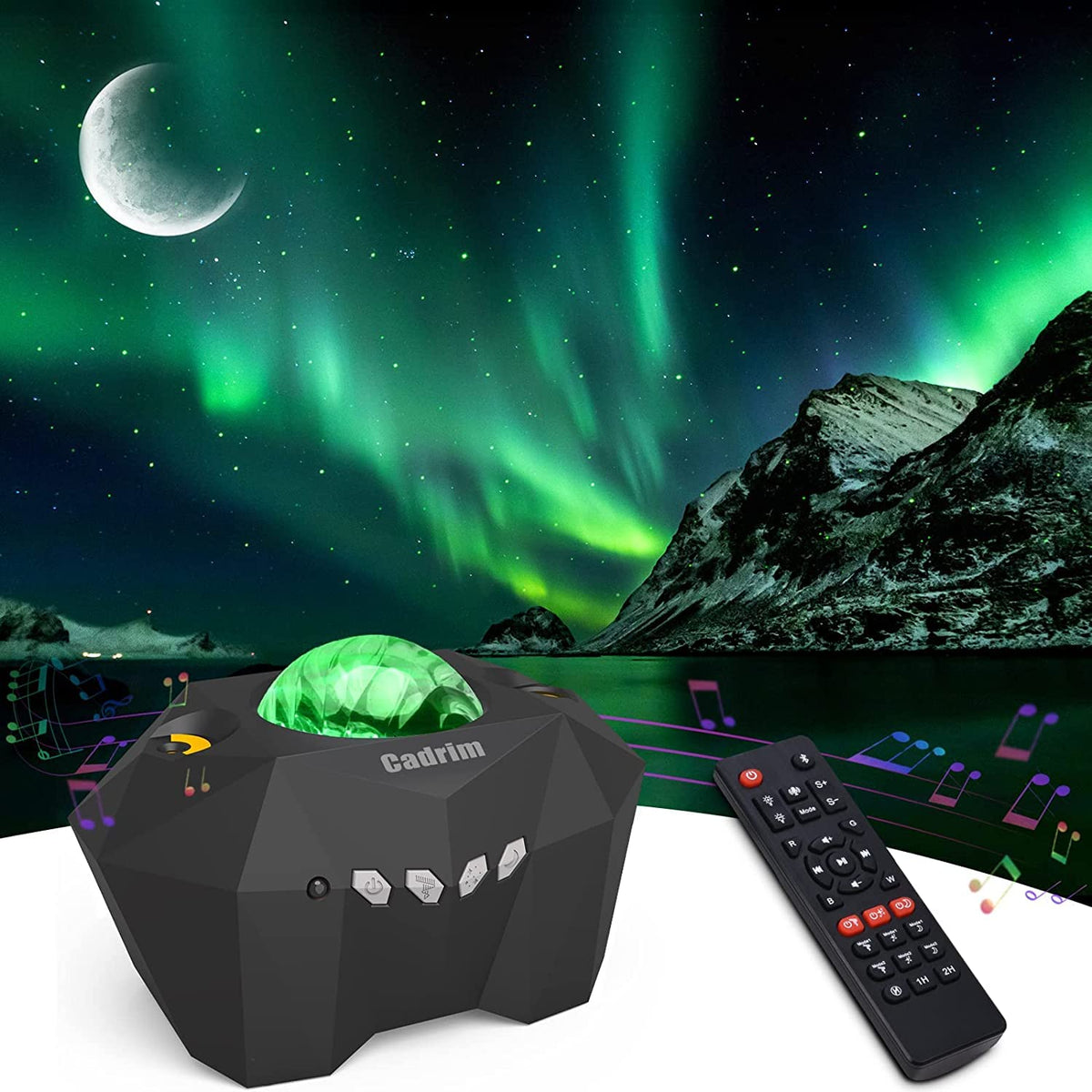 Cadrim Star Projector with northern lights and moon projection for a cozy bedroom ambiance.