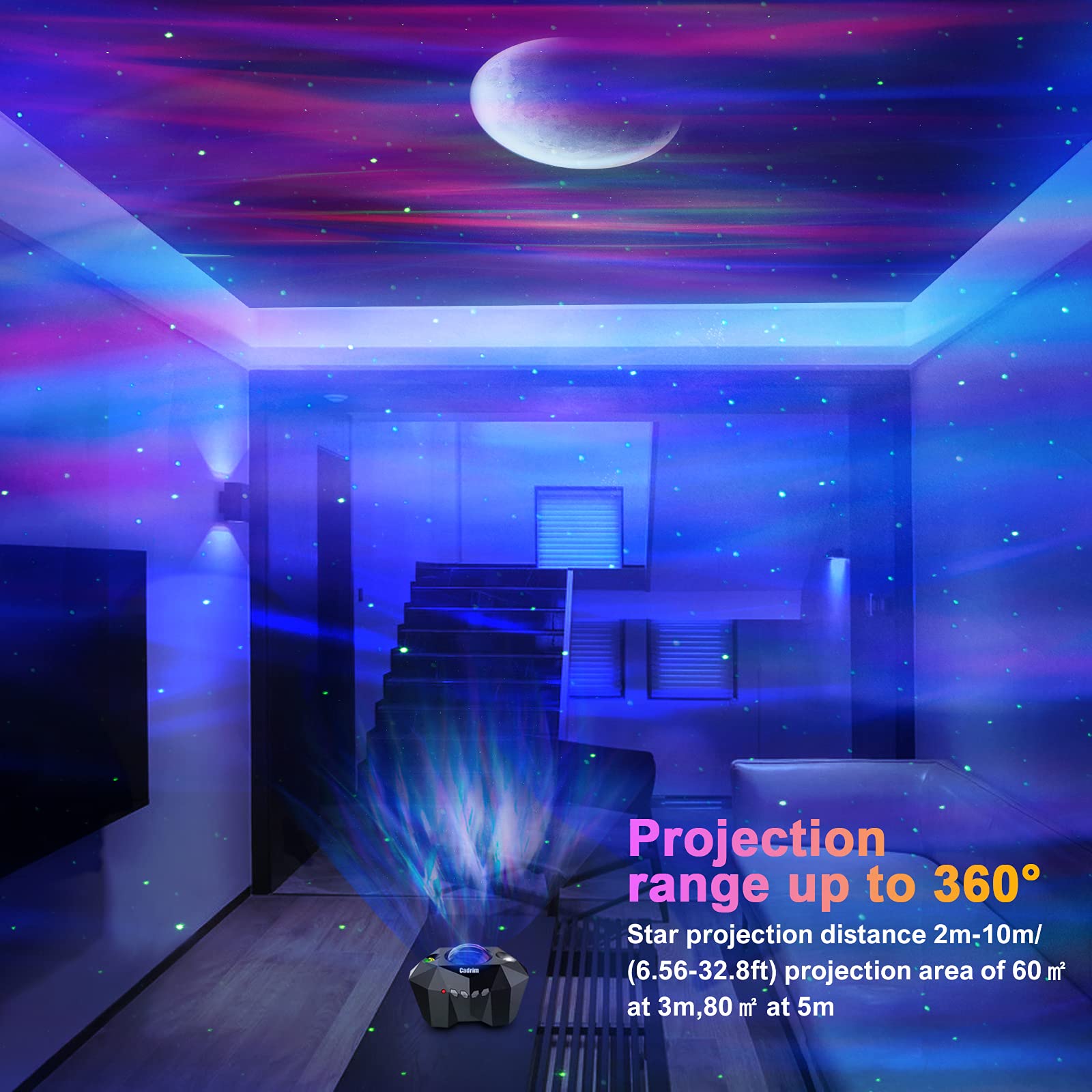 Cadrim remote control enables moon, aurora, or both projections with timer.
