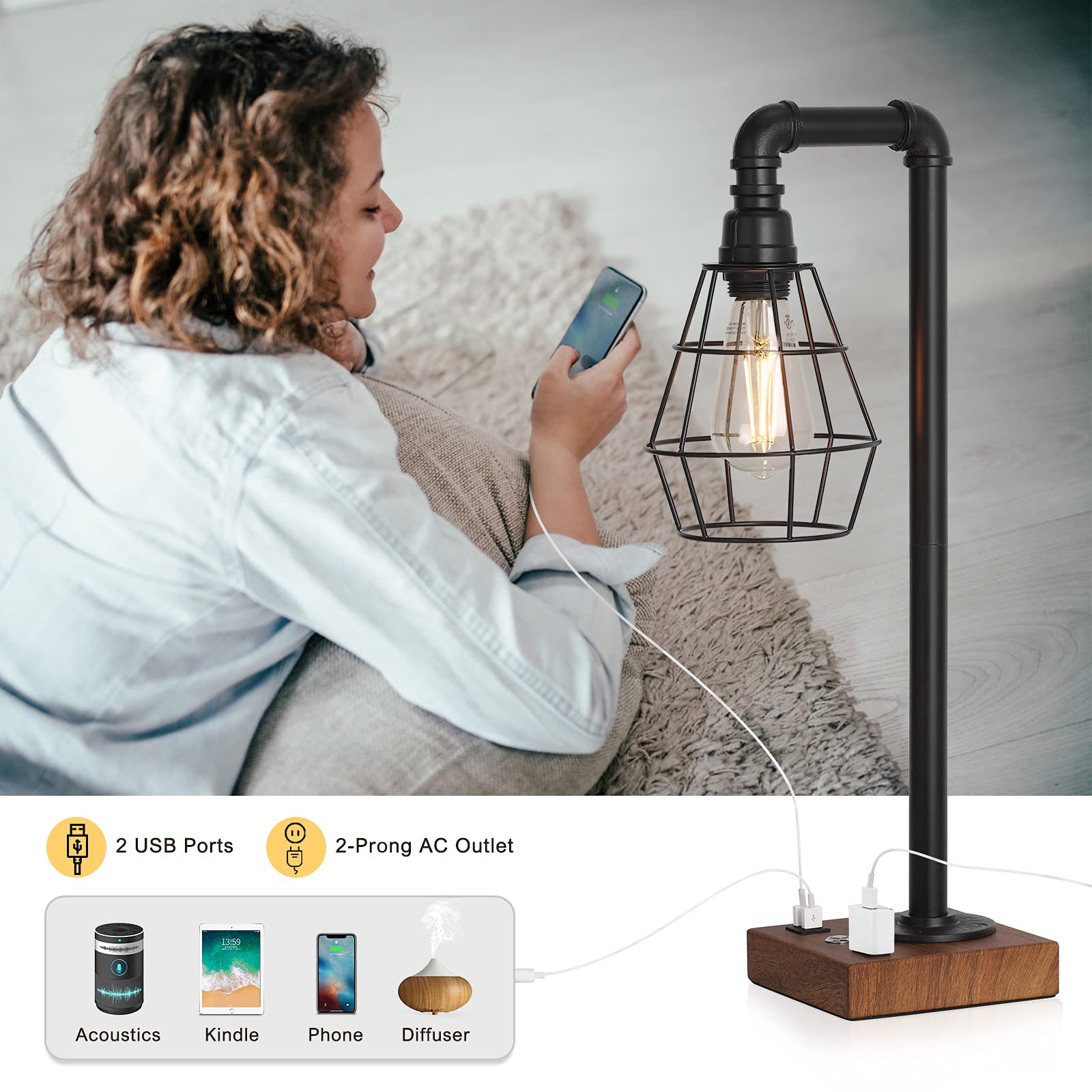 CADUKE lamp includes USB ports and outlet for convenient charging.