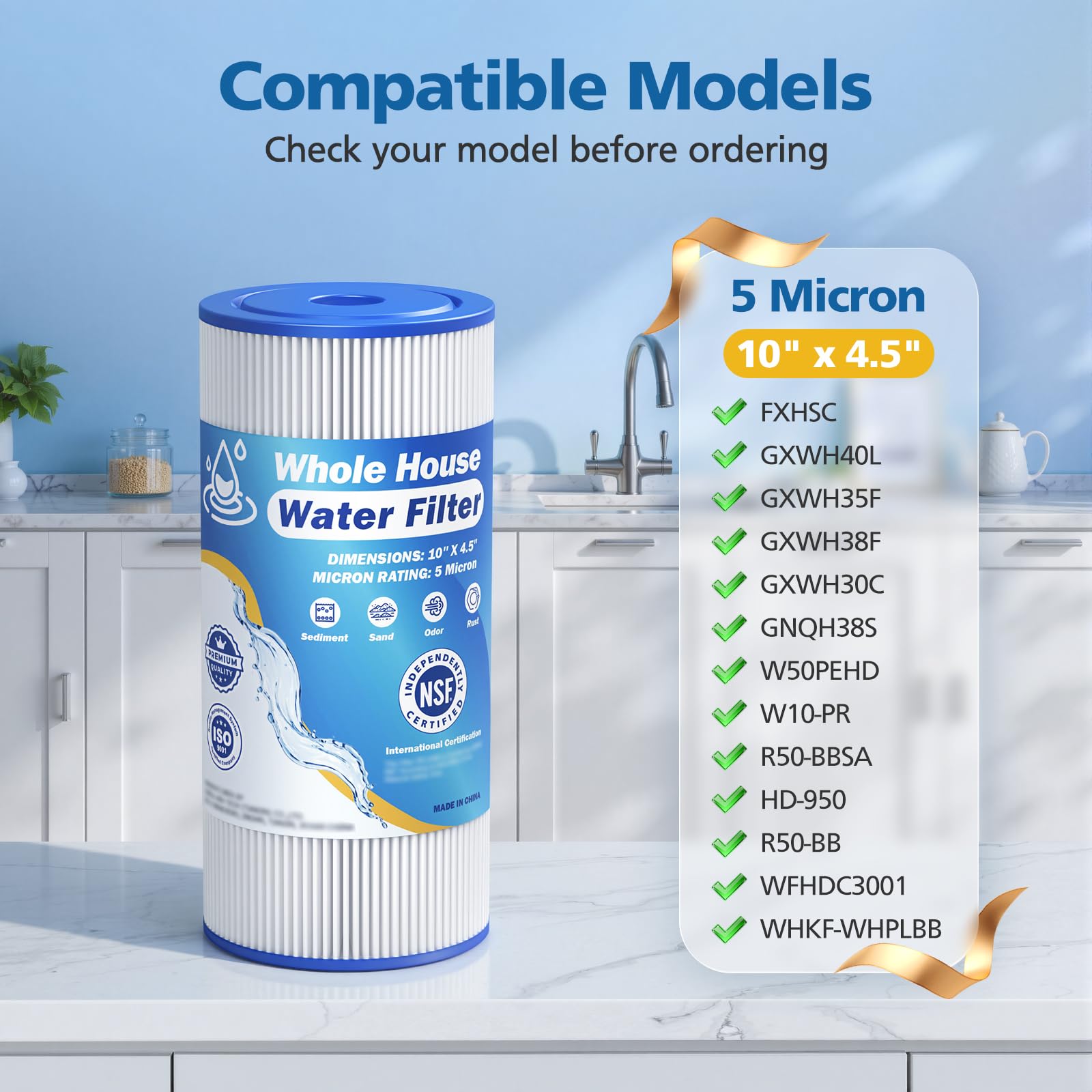 Caehomly 5 micron 10x4.5 filter packaging highlights two-pack set for home use.