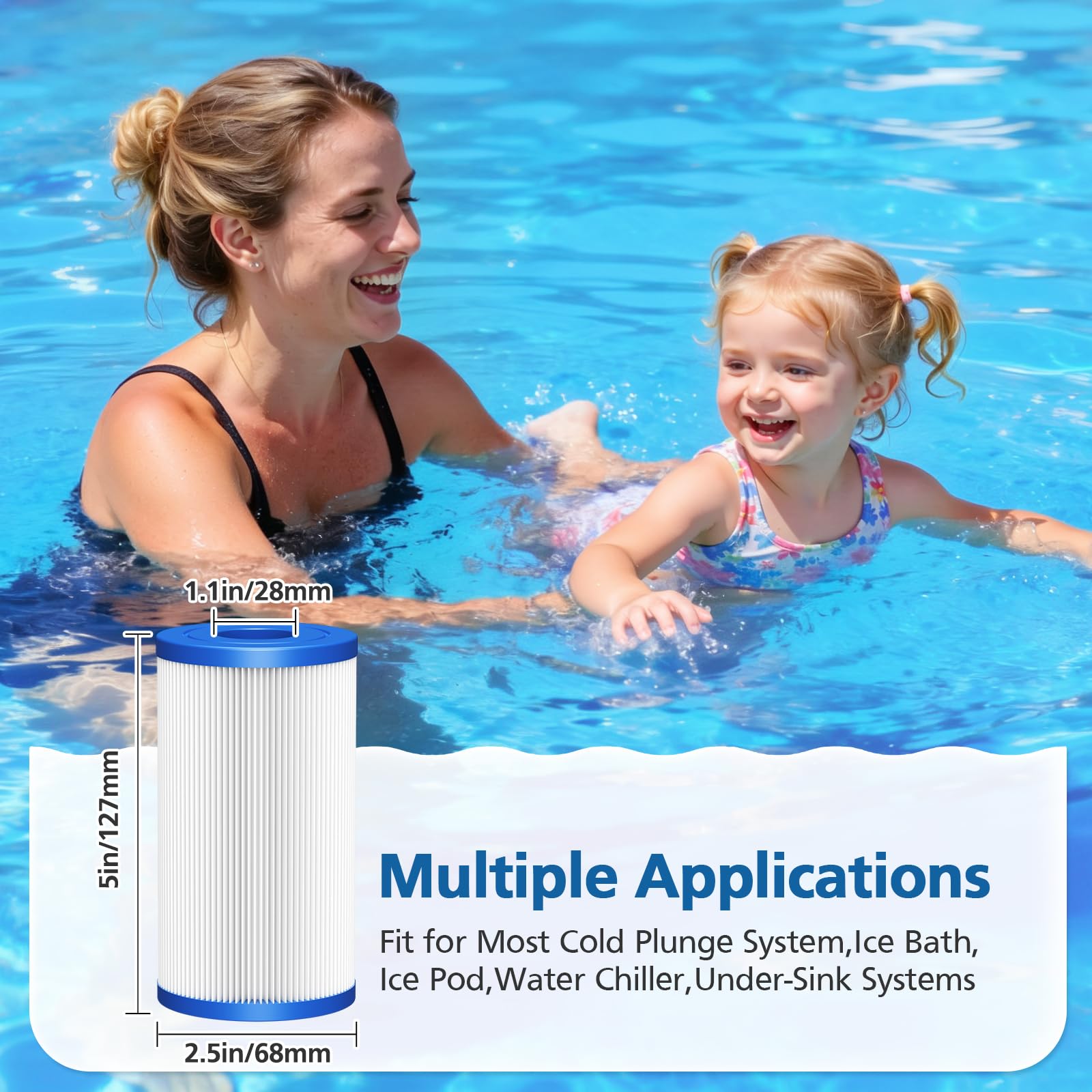 Caehomly filter compatibility image highlights use in ice baths and water chillers.
