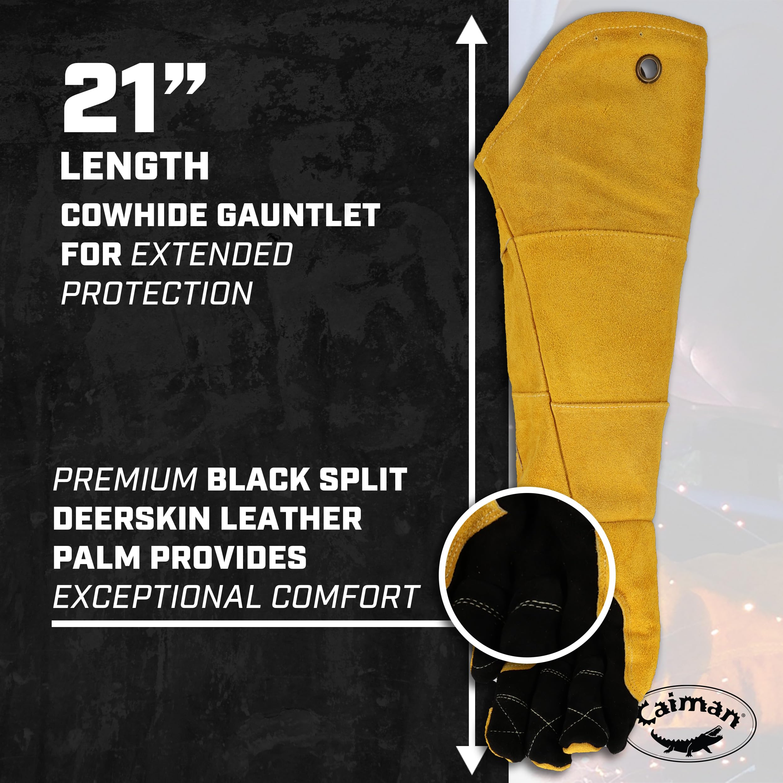 Heat shield patch on Caiman gloves protects hands from sparks during welding tasks.