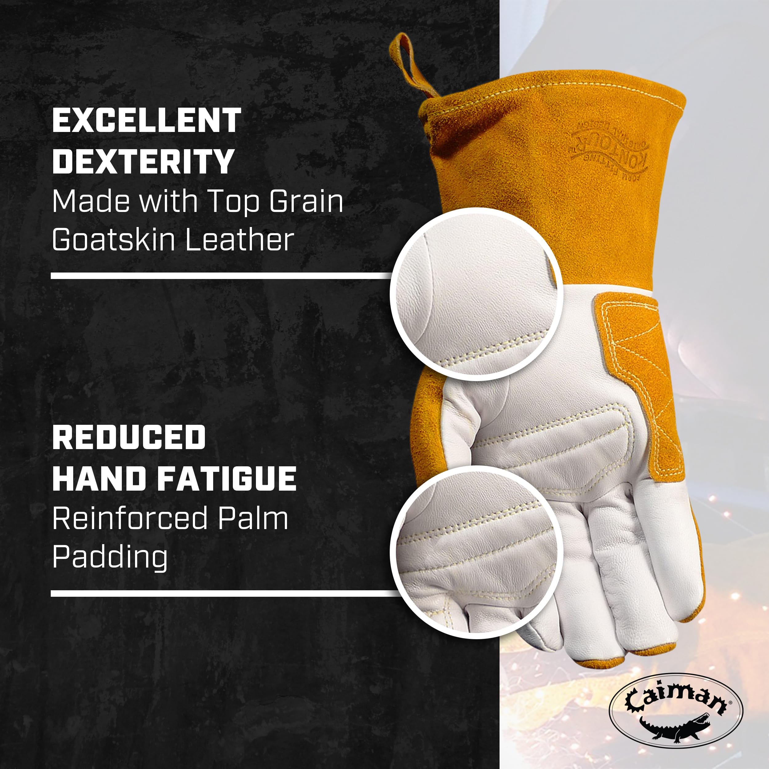 Caiman Premium Goat Grain TIG glove back shows gold split cowhide durability