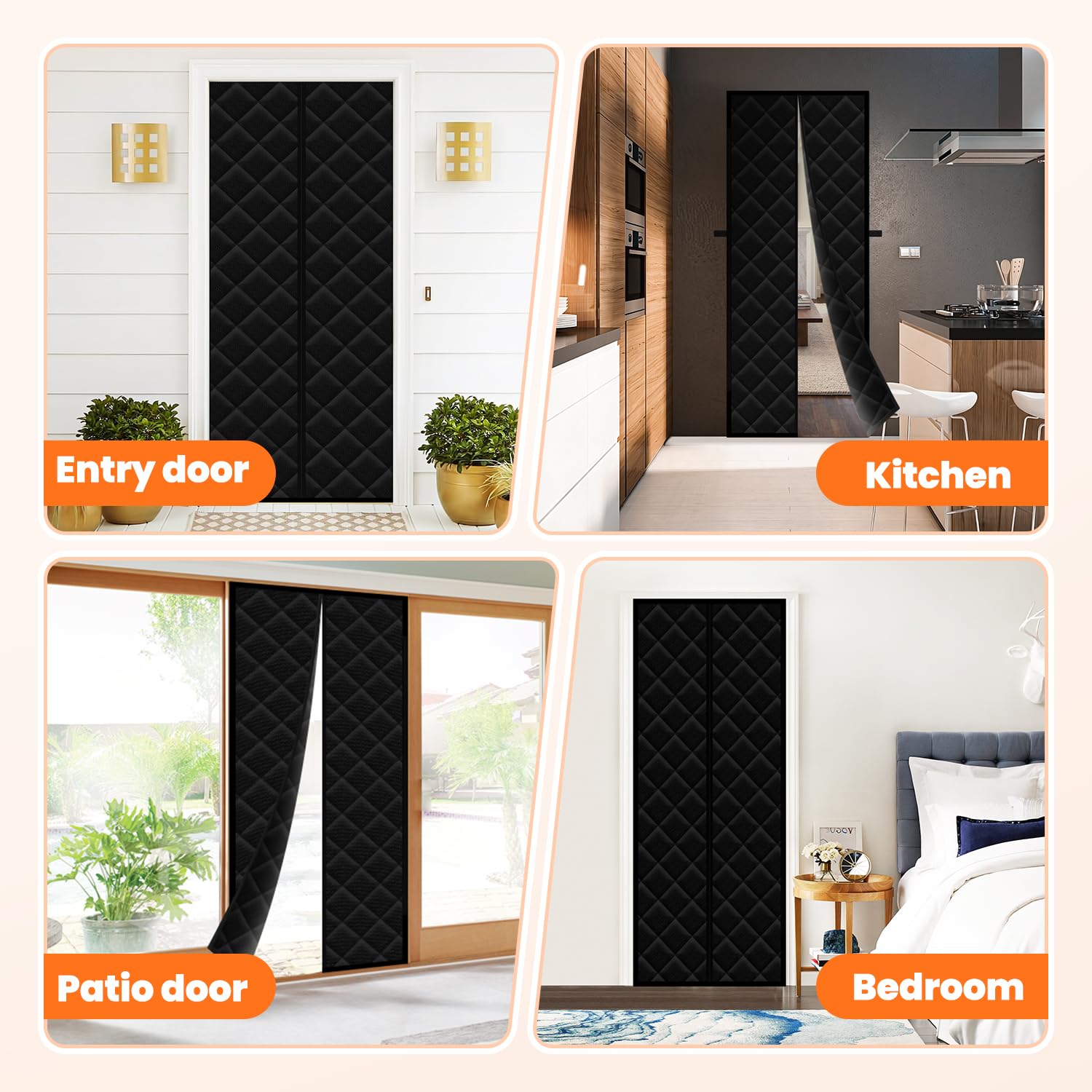 Calanofin black door curtain on the door blends with decor while insulating.