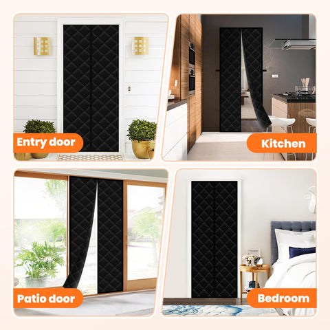 Calanofin black door curtain on the door blends with decor while insulating.