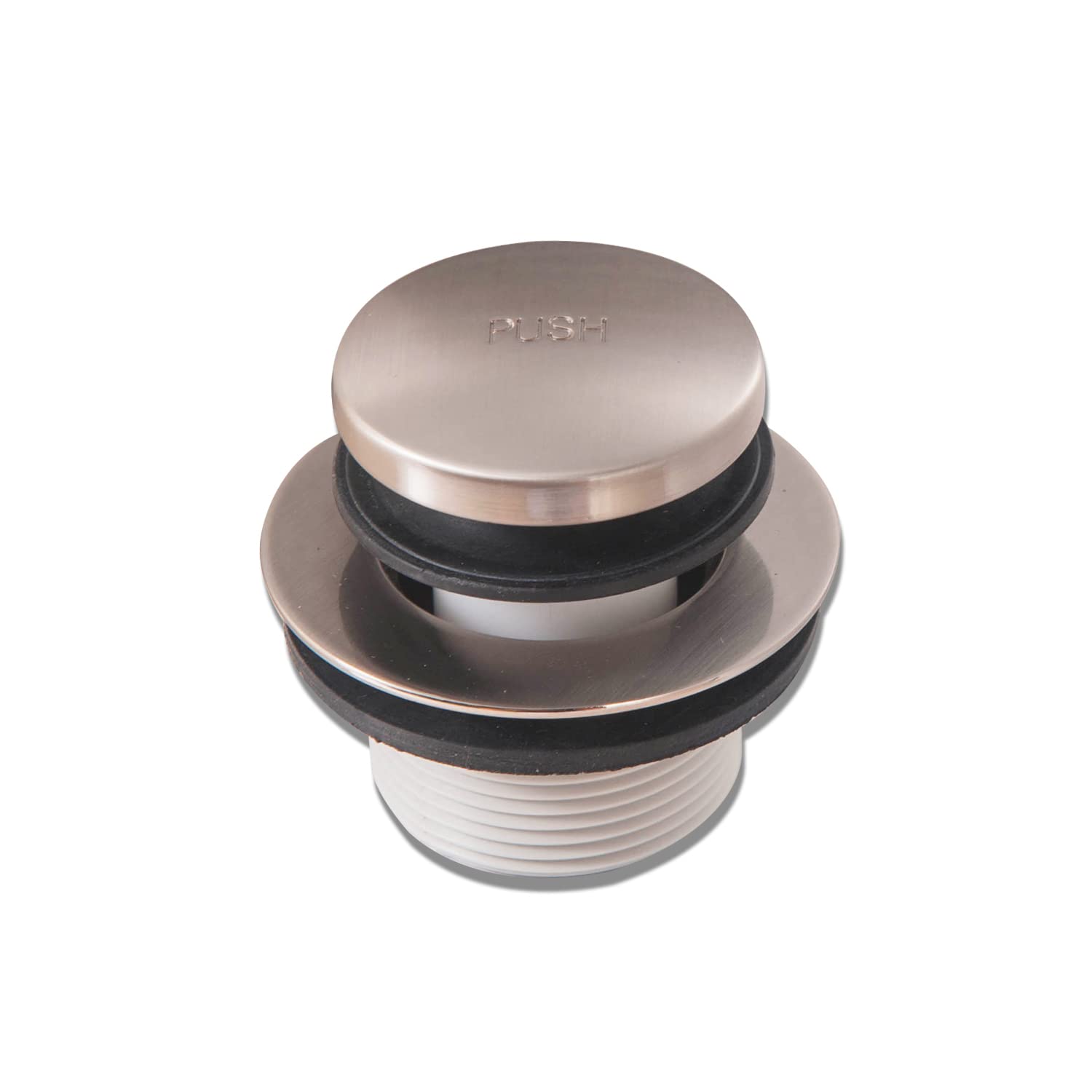 CalcMetal Tip-Toe bathtub drain stopper in satin nickel for a durable seal.